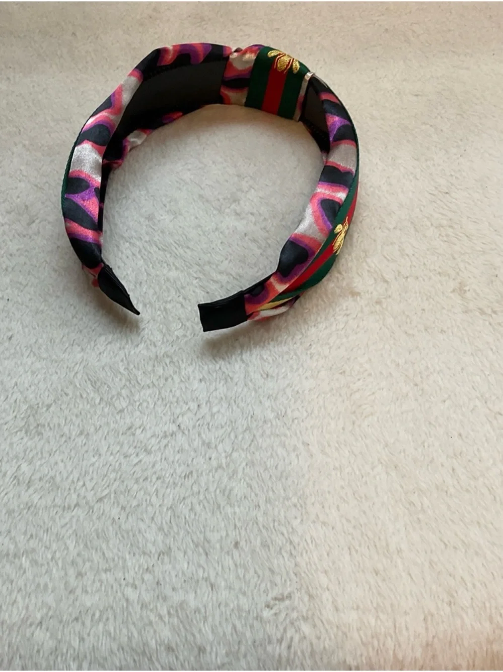 Knotted Satin Headband in Green and Red with Gold Embroidery